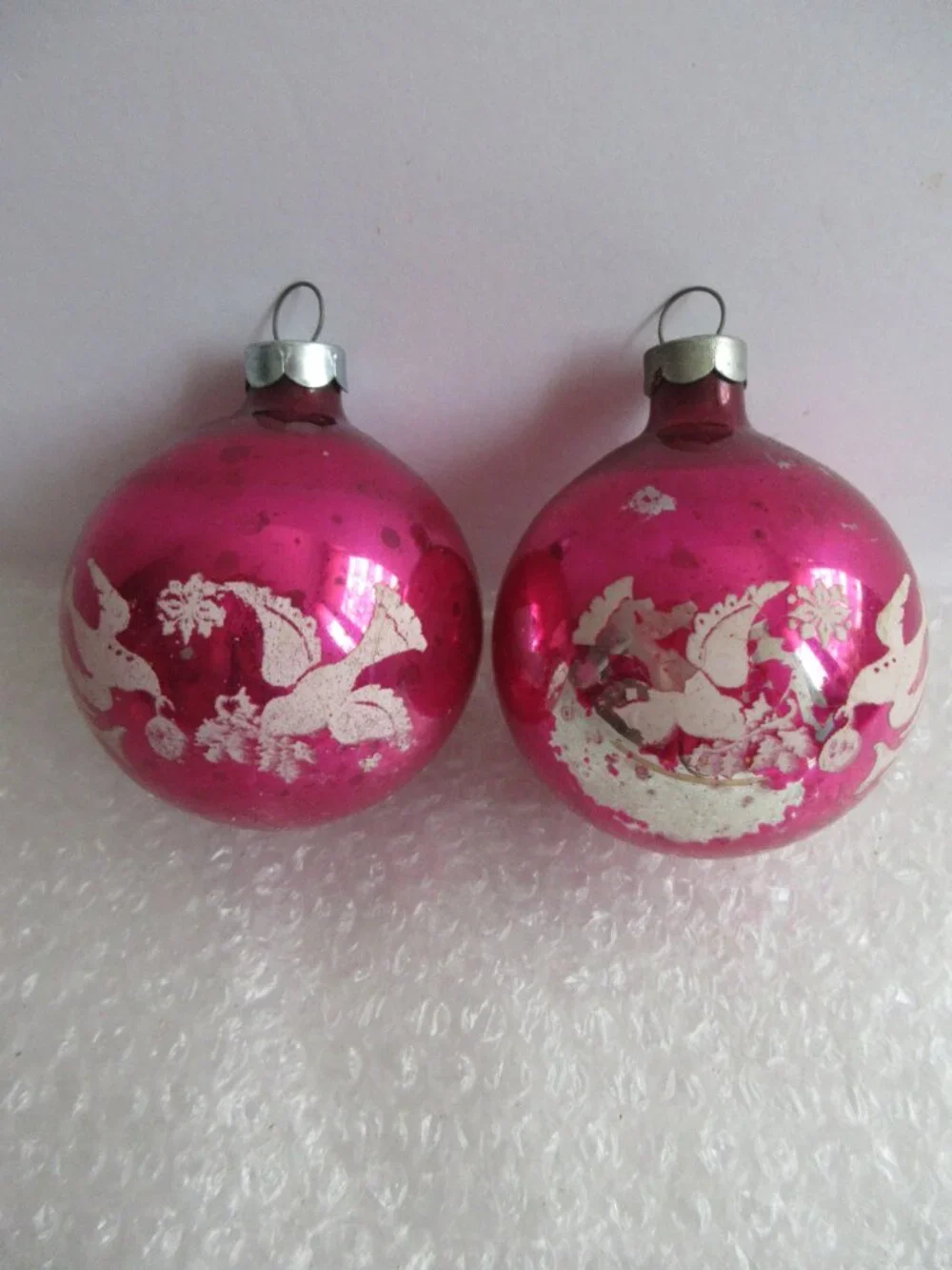 Dove Stencil Glass Christmas Ornament Lot of 2 Pink Fuschia Vtg Franke Corning?